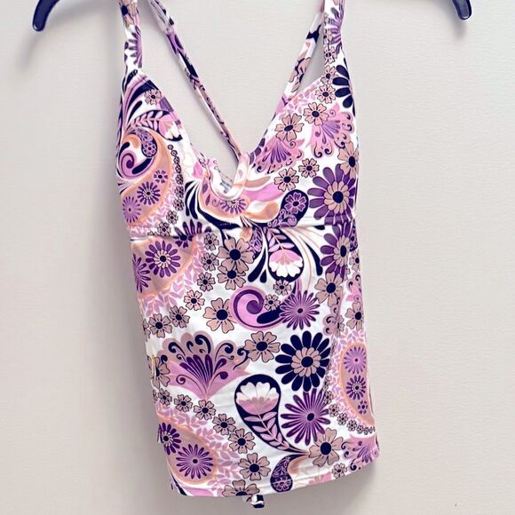 Salt + Cove Juniors' Printed V-Wire Tankini Top Removable Cups White Purple XL - Picture 8 of 10